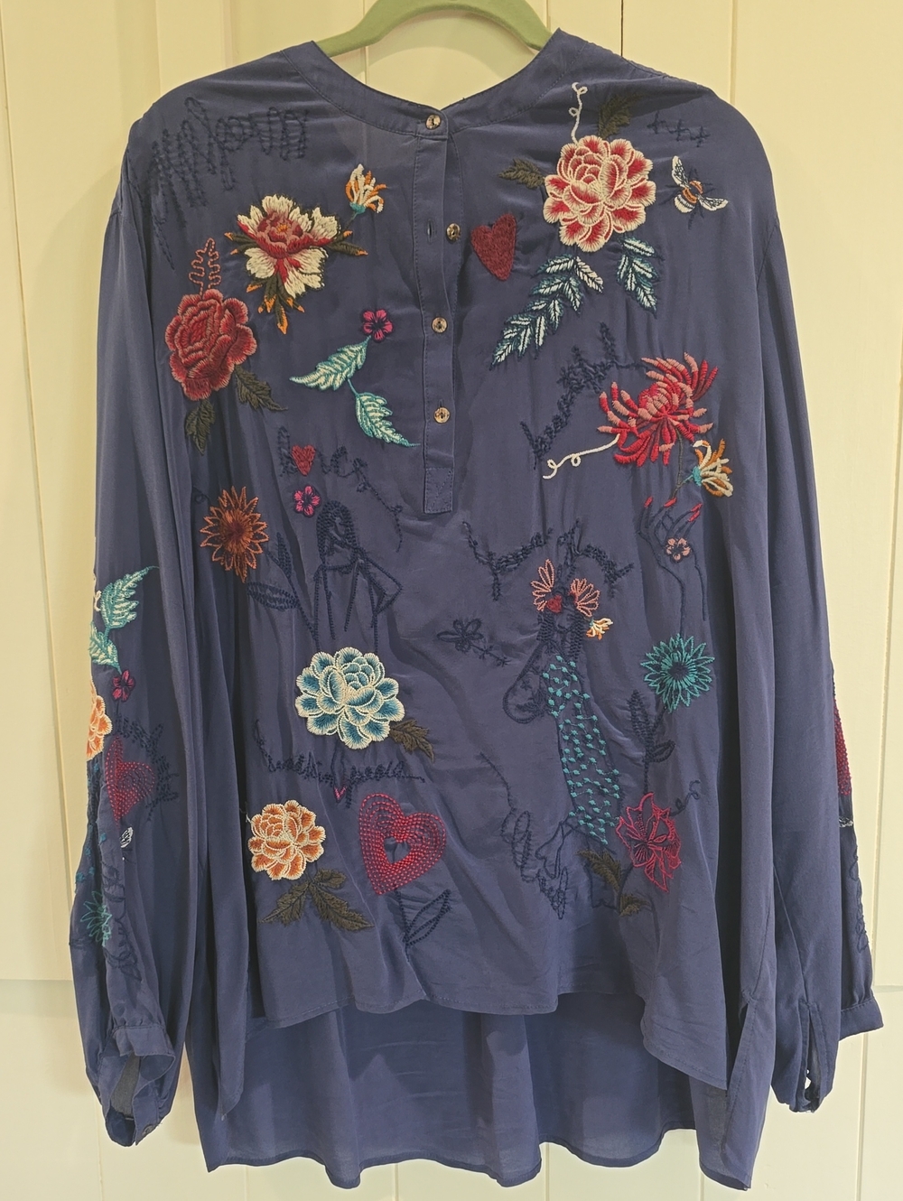 Johnny Was Navy Blue Embroidered Floral Tunic